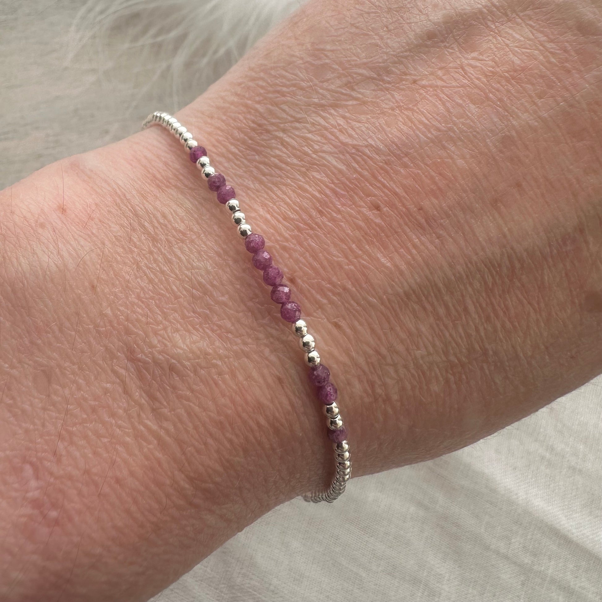 July Birthstone Ruby Bracelet, dainty stacking bracelet in sterling silver
