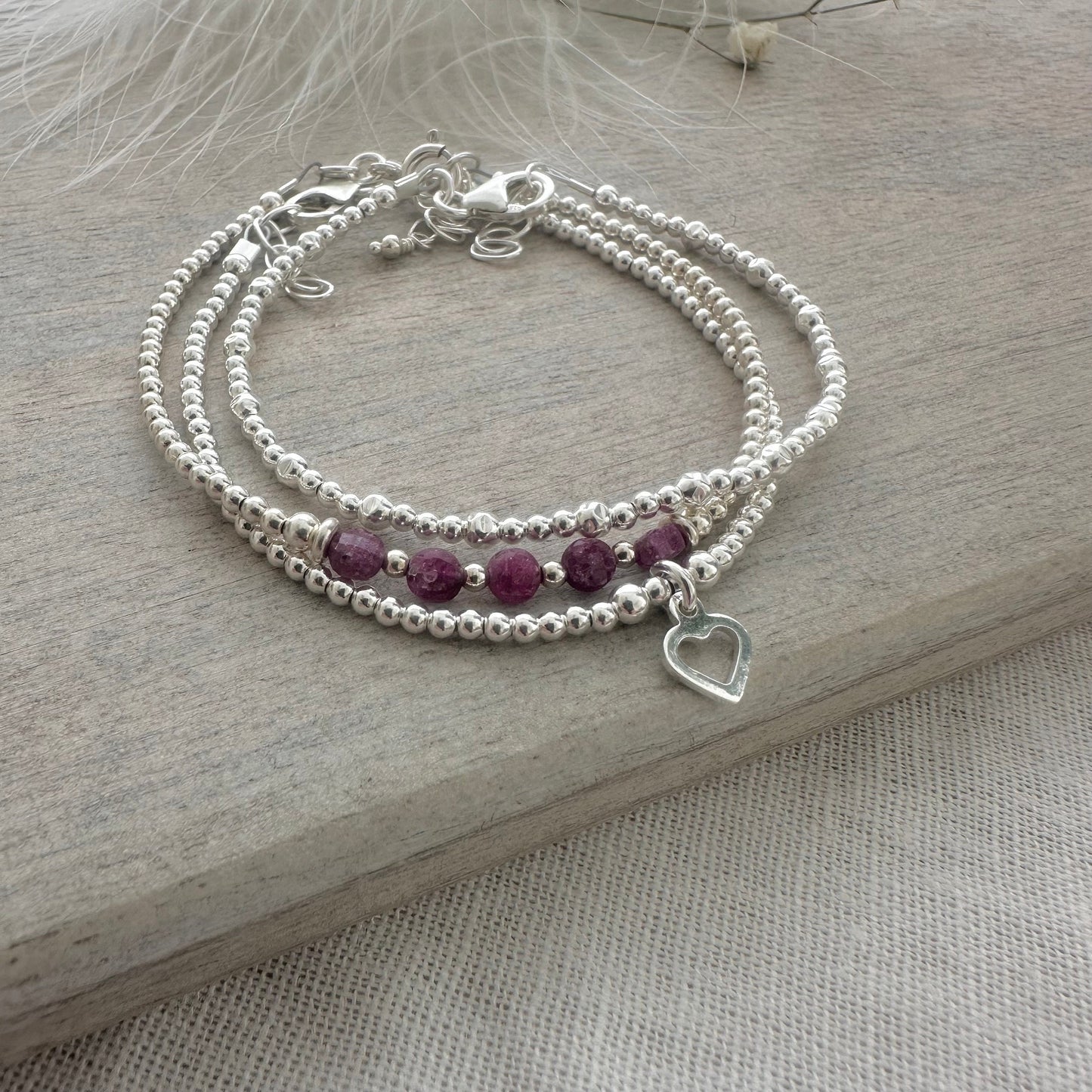 July Birthstone Ruby Bracelet Set, Dainty Sterling Silver Stacking Bracelets for Women