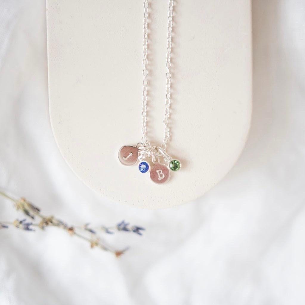 Personalised Crystal Birthstone Charm Necklace with Family Initials, Sentimental Gift for Mum