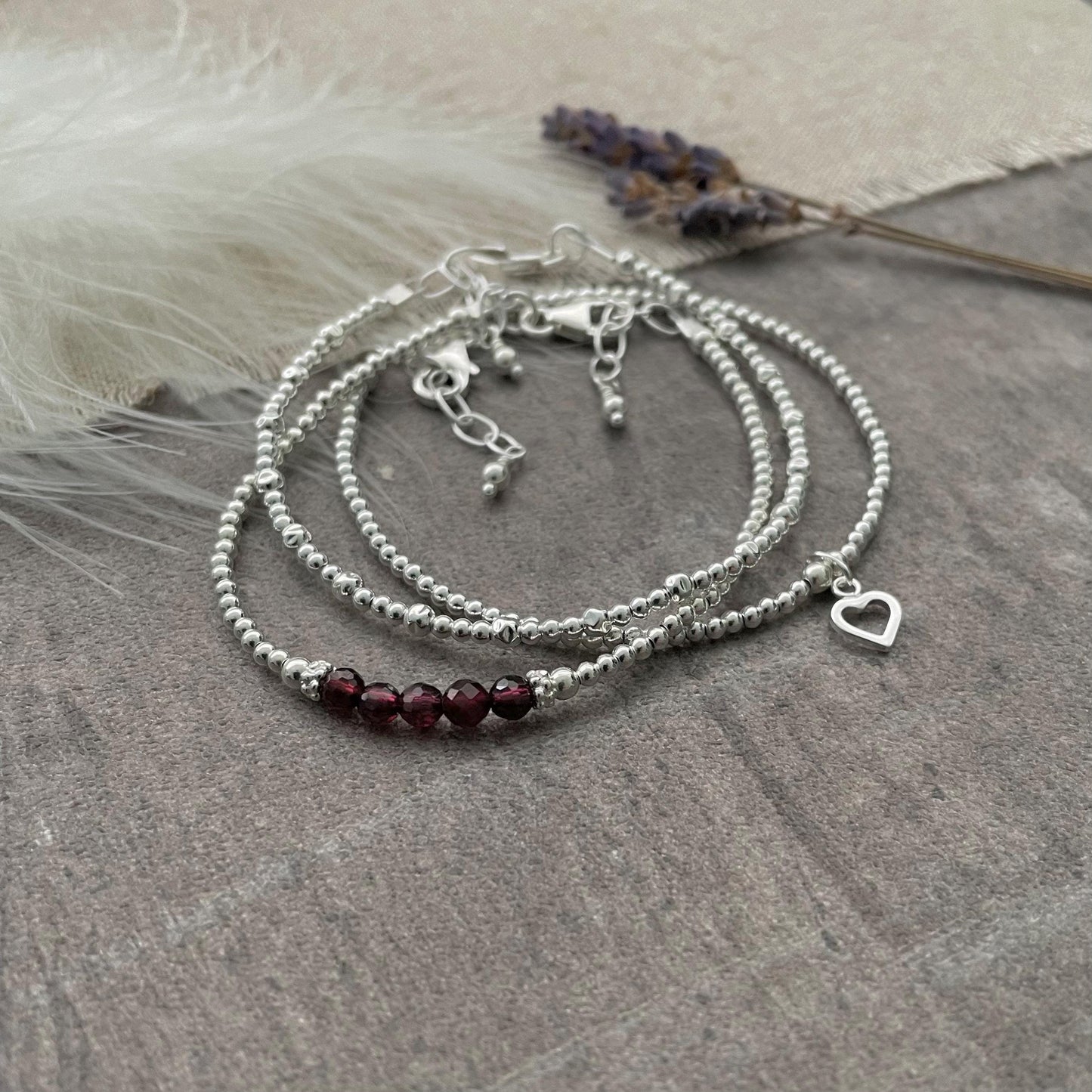 A Dainty January Birthstone Garnet Bracelet Set, January Stacking Bracelets for Women in Sterling Silver