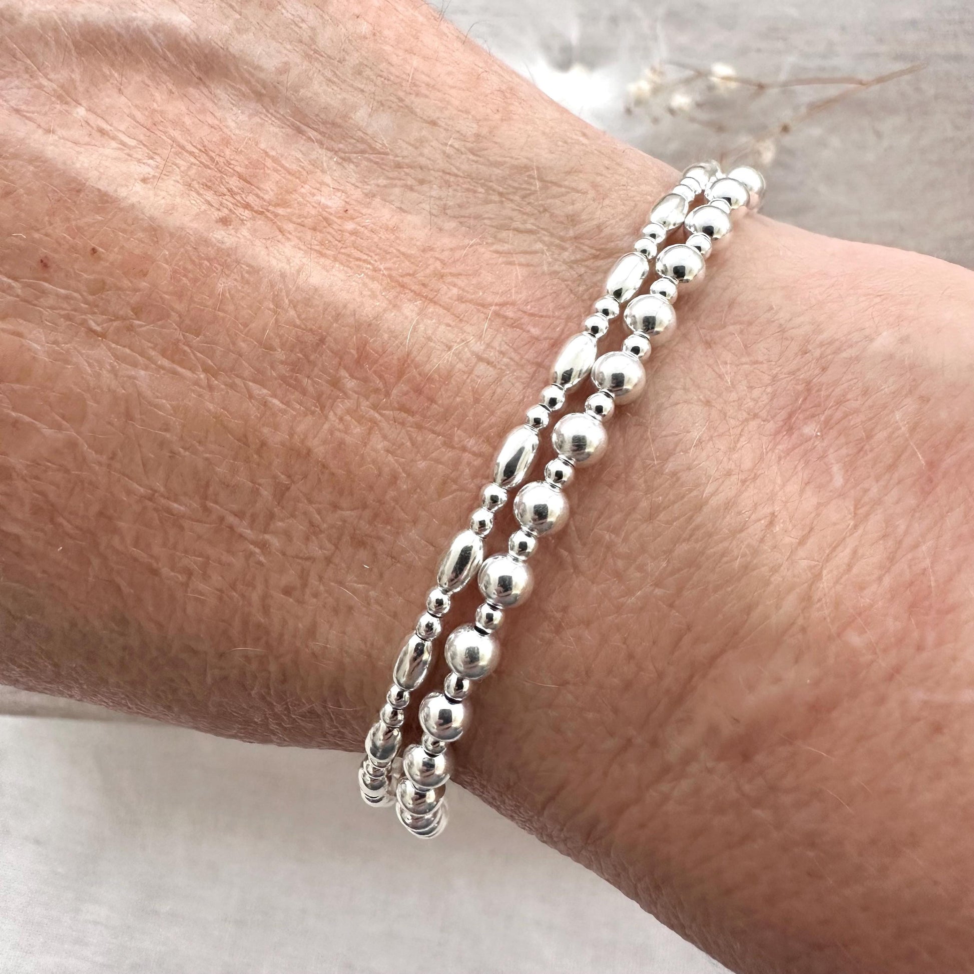 Silver Bead Bracelet Set, Sterling Silver Layering Bracelets for women