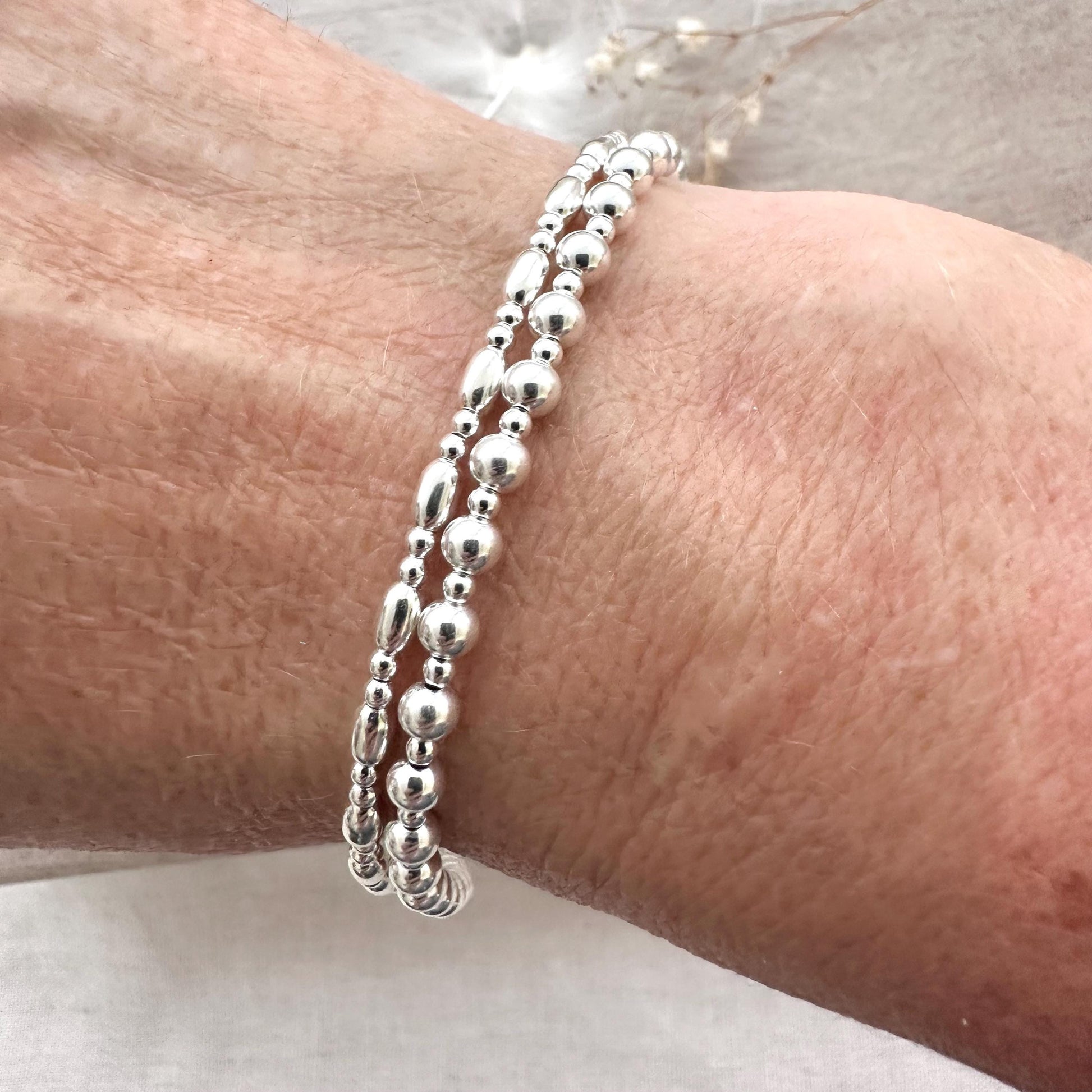 Silver Bead Bracelet Set, Sterling Silver Layering Bracelets for women