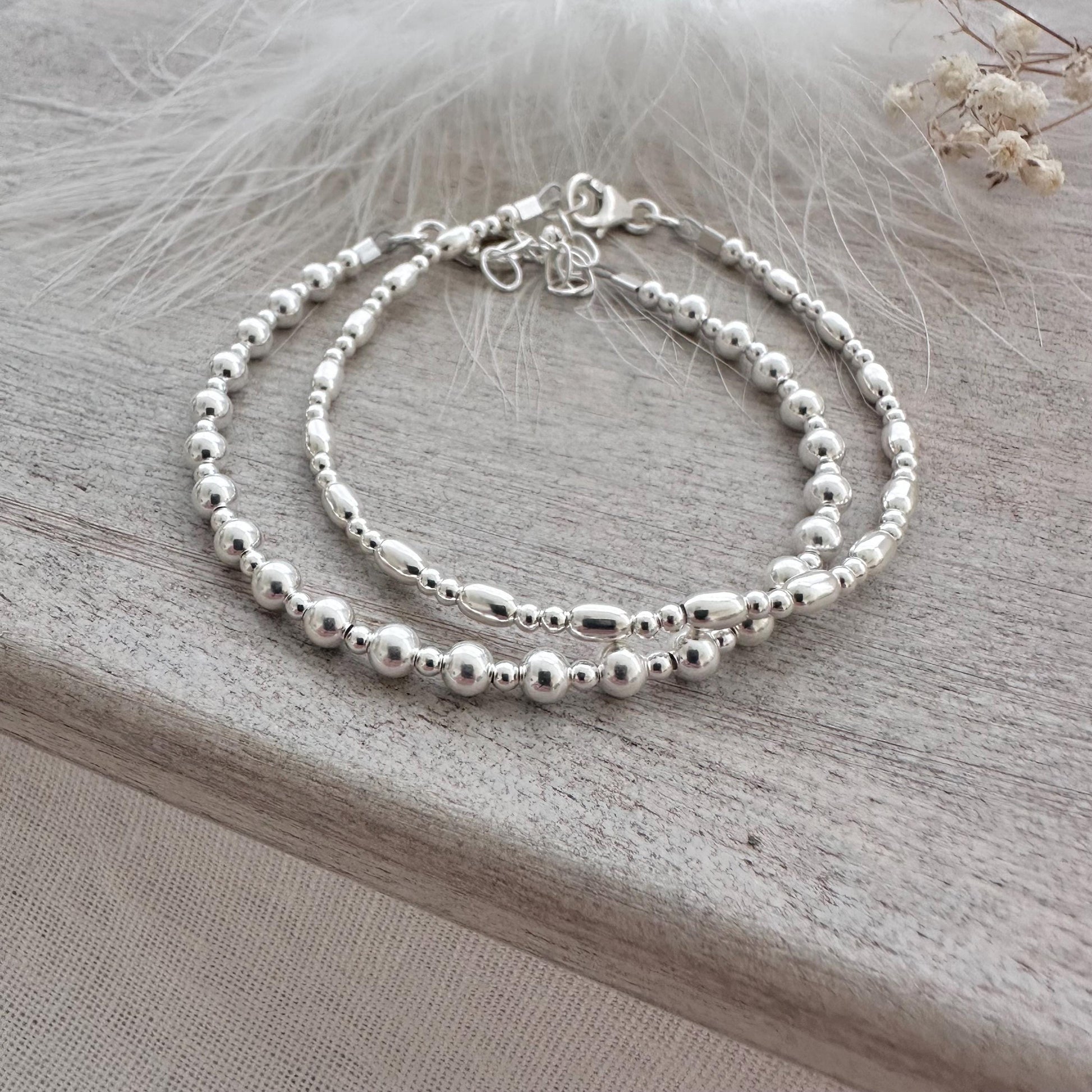 Silver Bead Bracelet Set, Sterling Silver Layering Bracelets for women