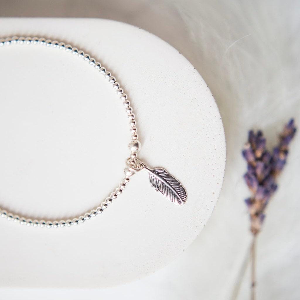 Dainty Silver Feather Bracelet, Sterling Silver Charm Bracelet