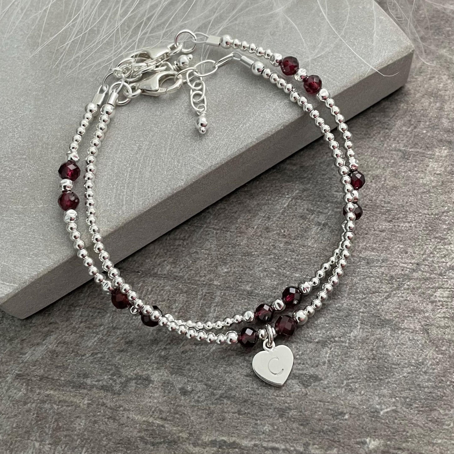 Personalised Bracelet Set with Garnet, January Birthstone Jewellery