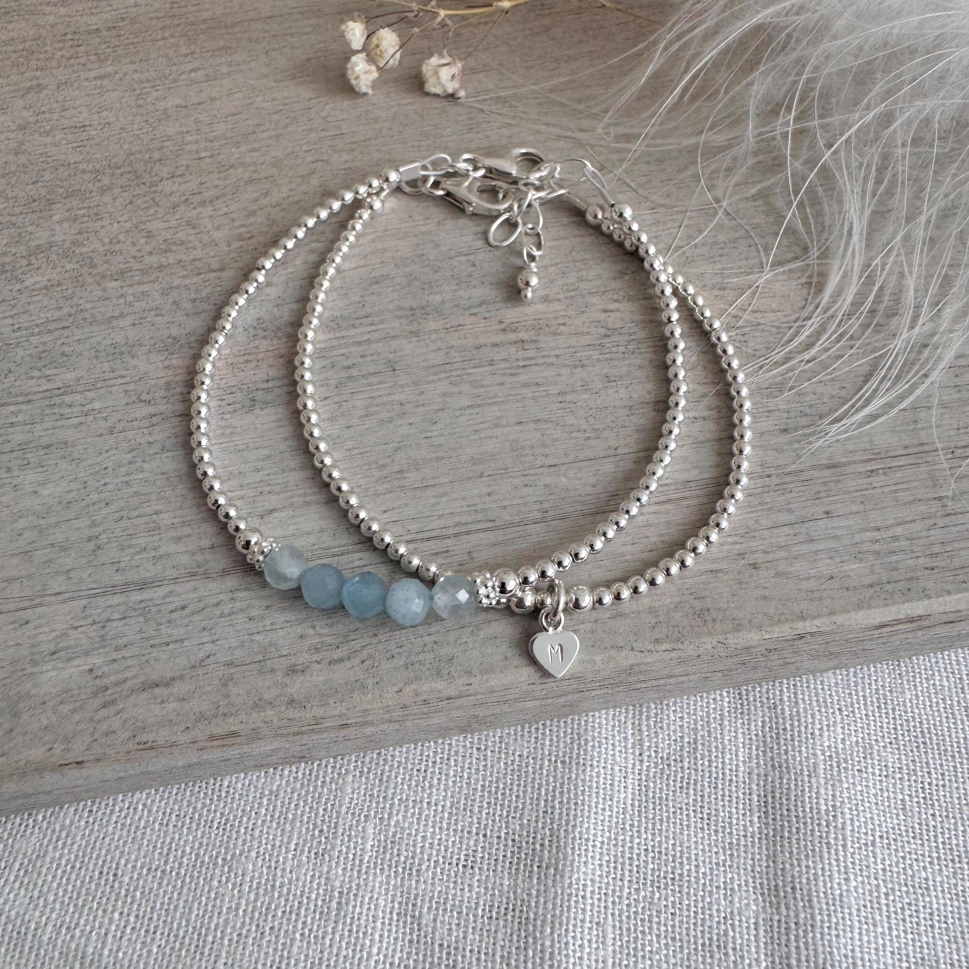 Personalised Aquamarine Bracelet Set, March Birthstone Jewellery