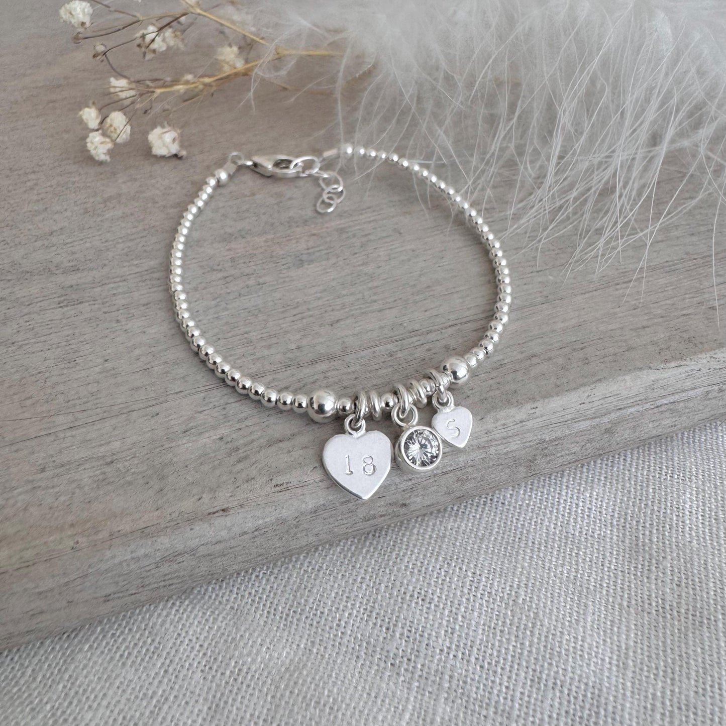 April Birthstone Bracelet for Milestone Birthday, Personalised Initial & Age in Sterling Silver for 16th 18th 21st 30th 40th or 50th