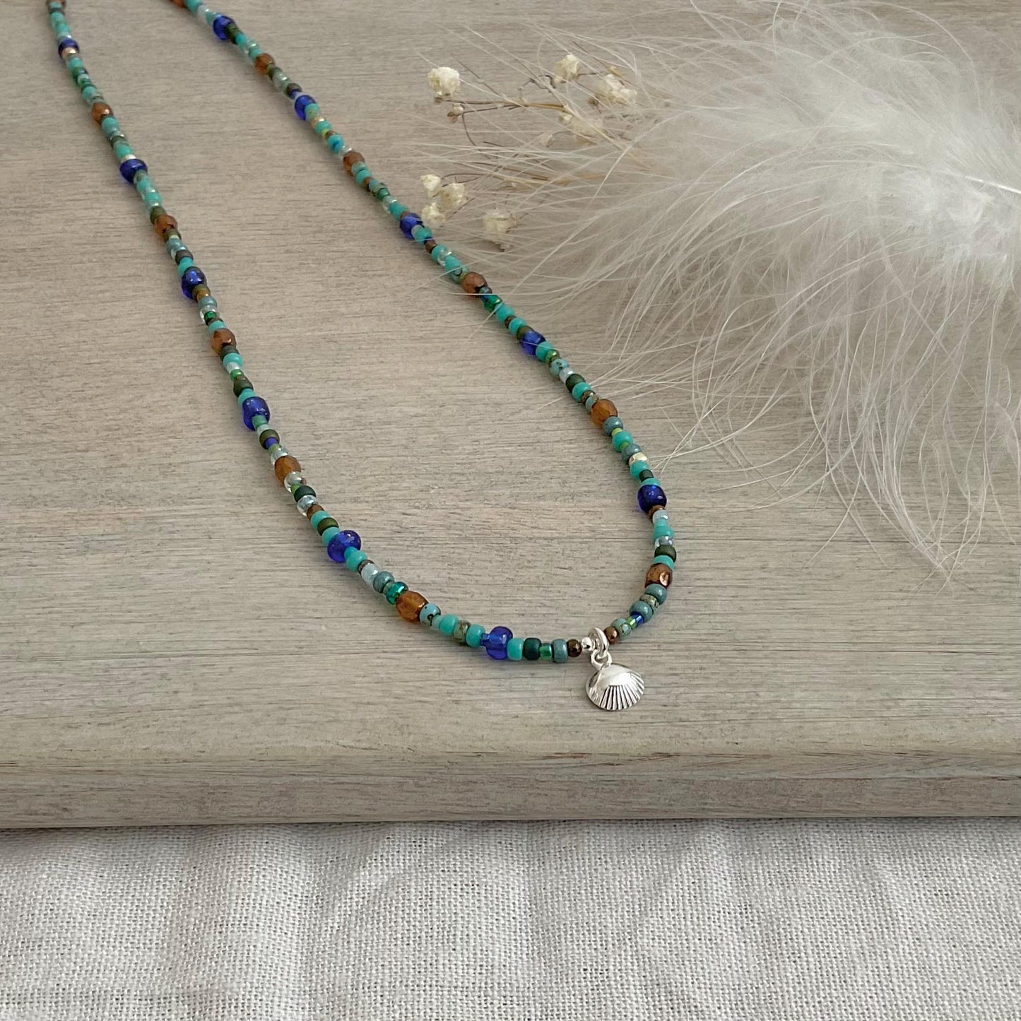 Shell Charm Blue Necklace for holiday, Glass seed bead jewellery
