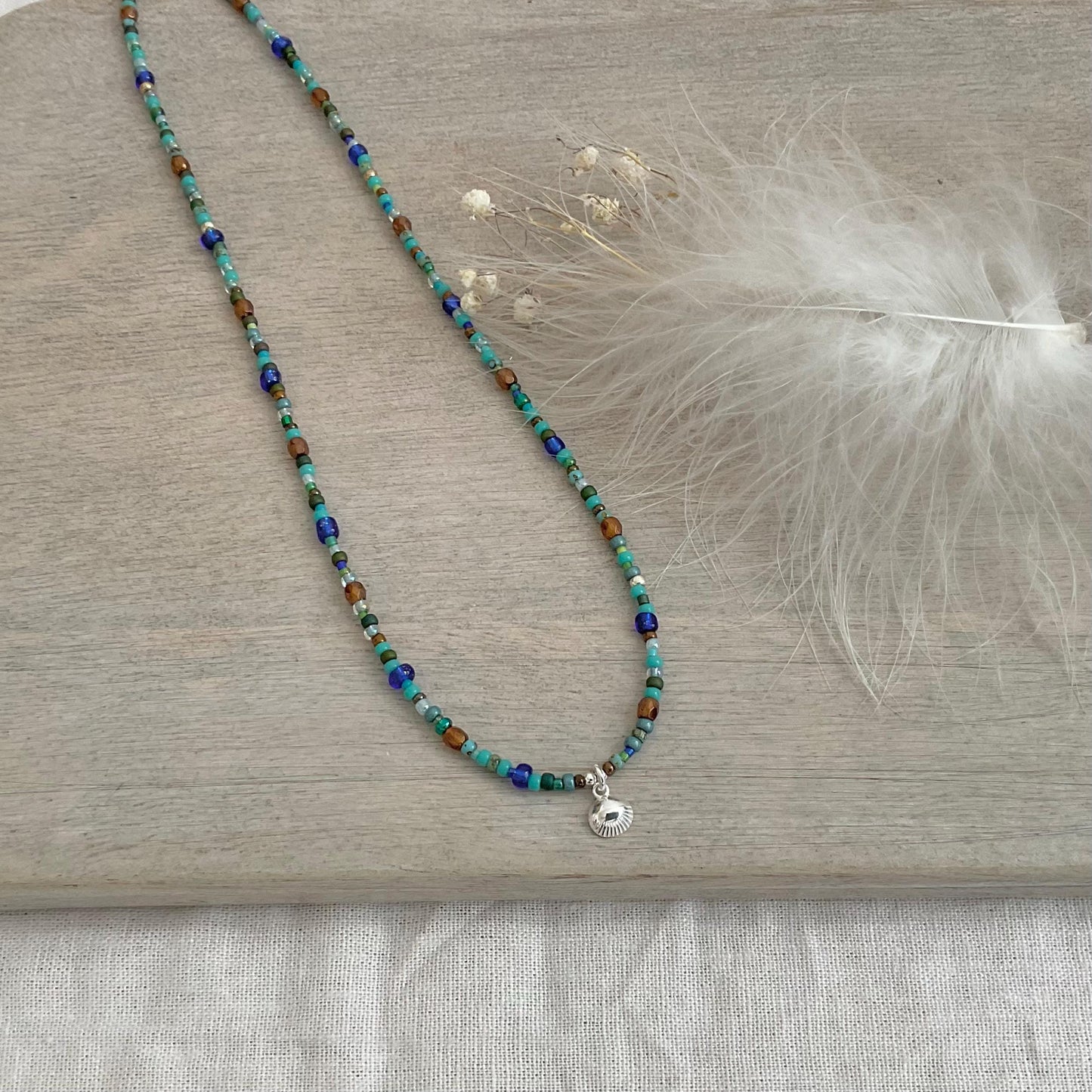 Shell Charm Blue Necklace for holiday, Glass seed bead jewellery