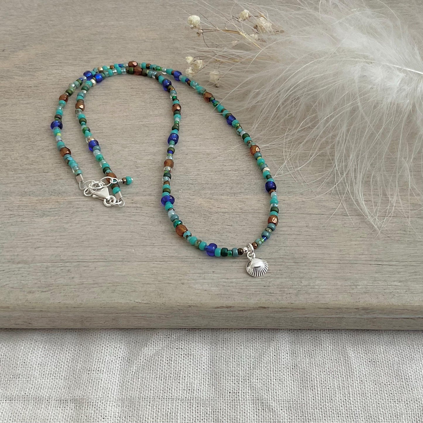 Shell Charm Blue Necklace for holiday, Glass seed bead jewellery