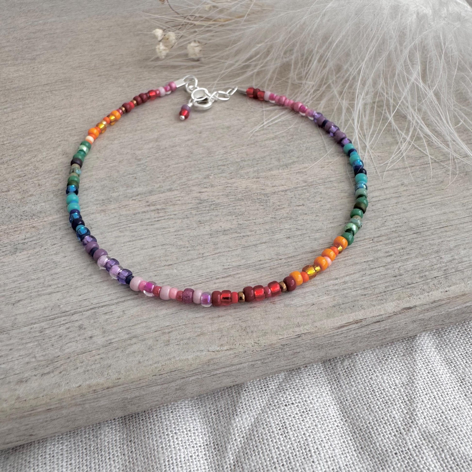 Thin Ombre Rainbow Anklet with seed beads rainbow colours