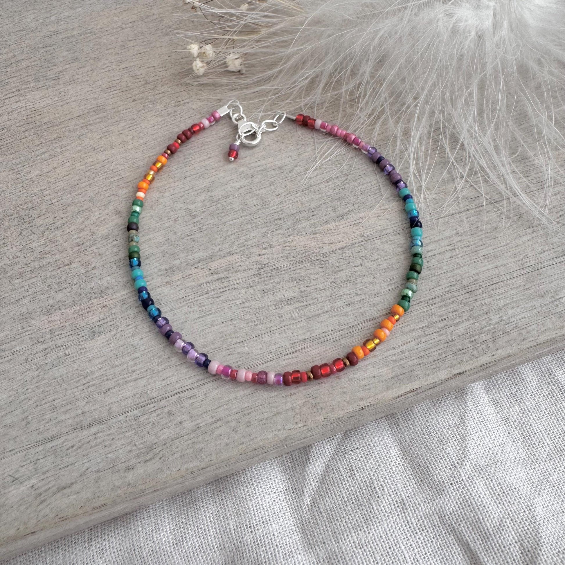 Thin Ombre Rainbow Anklet with seed beads rainbow colours