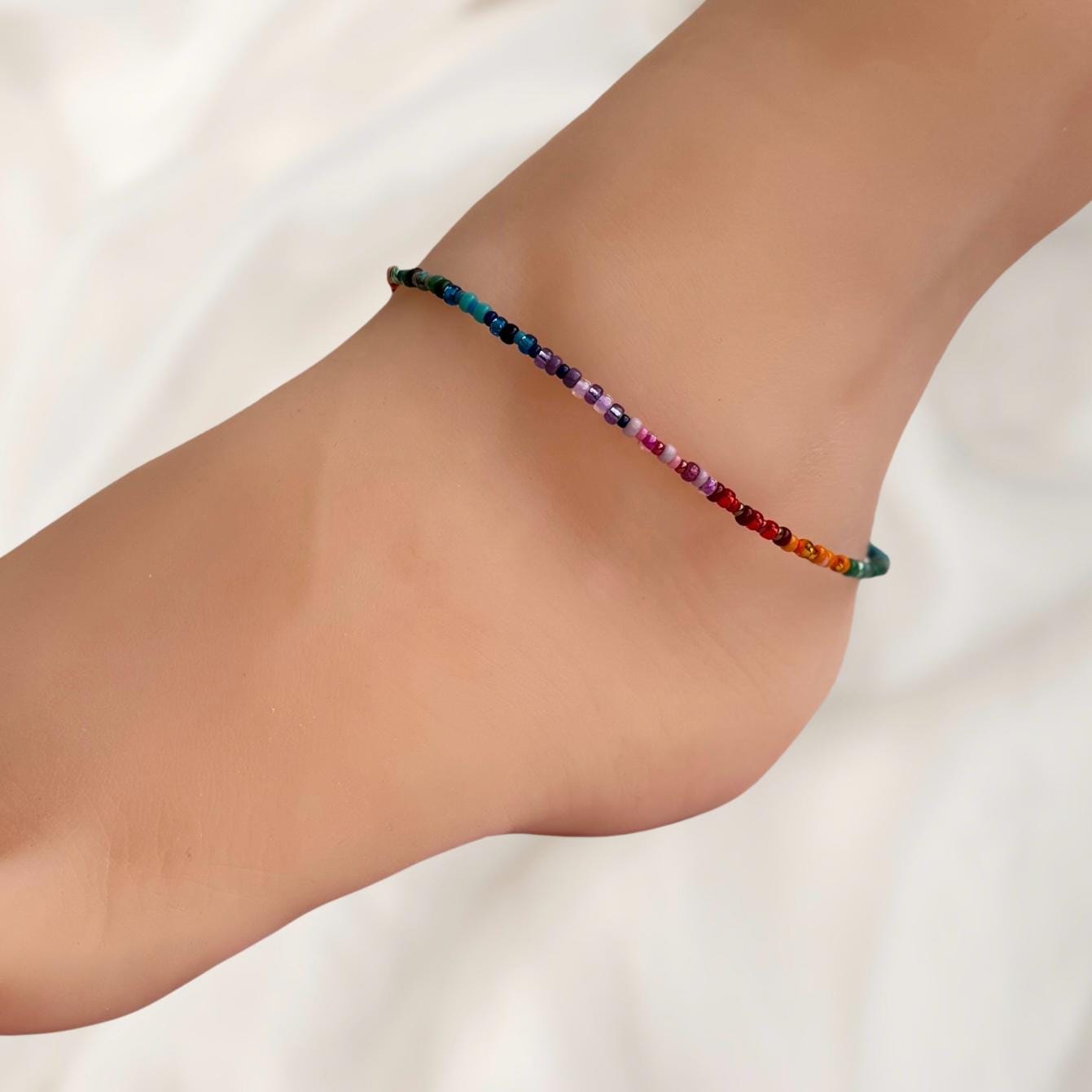 Thin Ombre Rainbow Anklet with seed beads rainbow colours