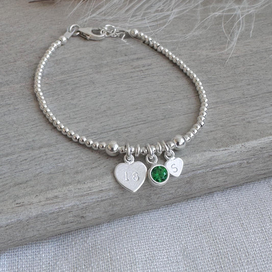 May Birthstone Bracelet for Milestone Birthday, Personalised Initial & Age in Sterling Silver for 16th 18th 21st 30th 40th or 50th