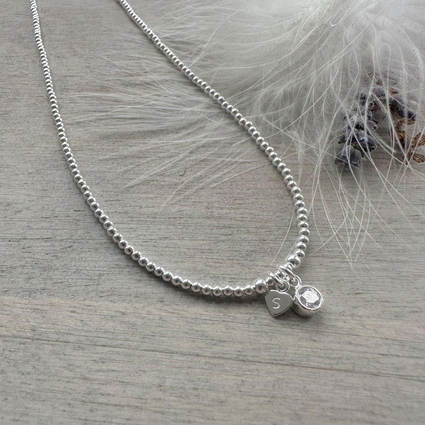 April Birthstone beaded necklace, personalised dainty Sterling Silver CZ Beaded Jewellery