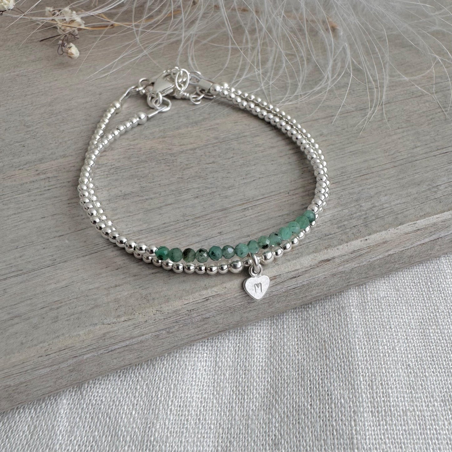 Personalised Green Emerald Bracelet Set, May Birthstone Jewellery