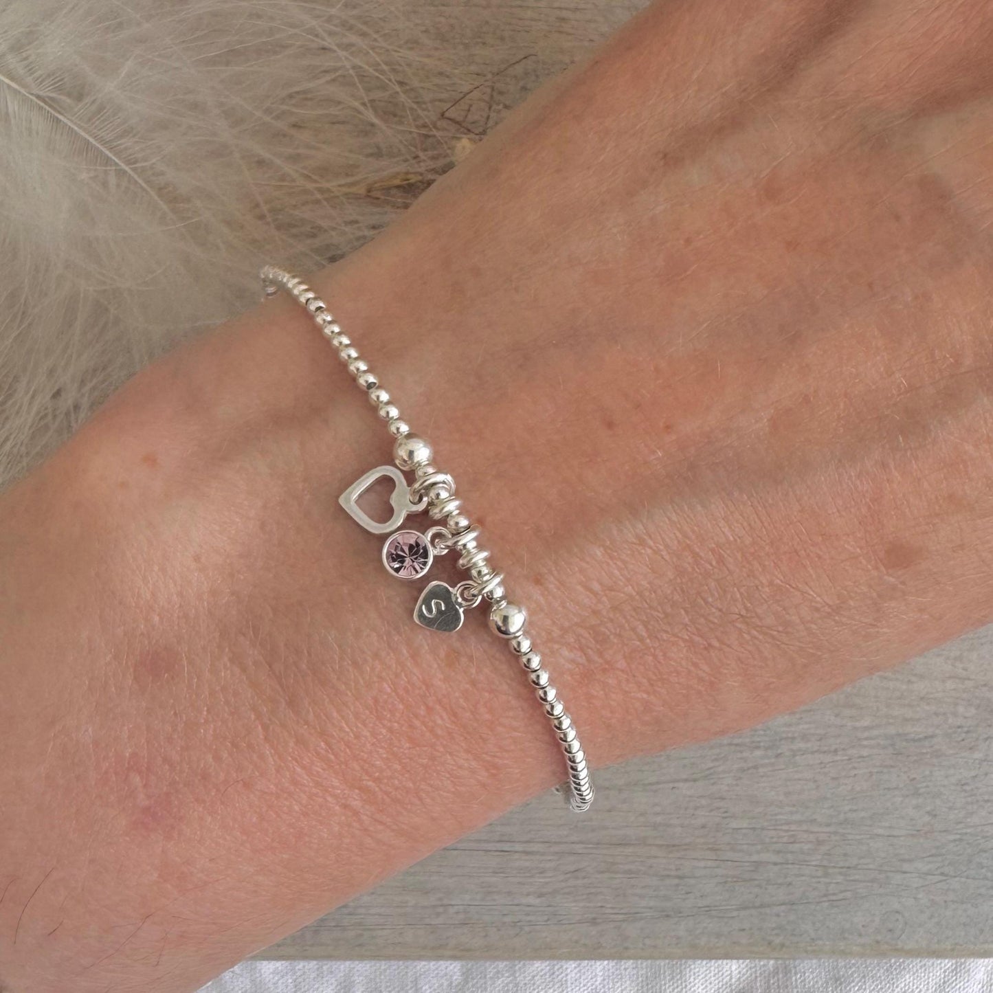 Personalised June Birthstone Bracelet for Birthday, Initial & Gem Crystal Charm in Sterling Silver