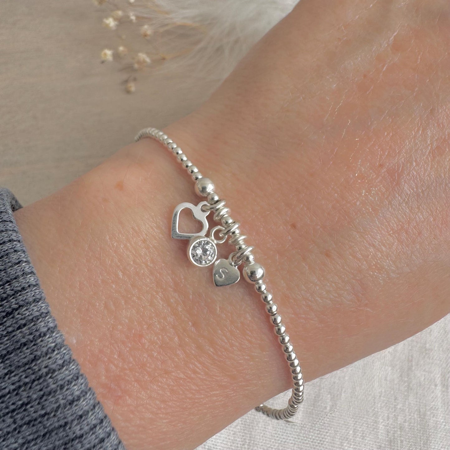 Personalised April Birthstone Bracelet for Birthday, Initial & Gem Crystal Charm in Sterling Silver