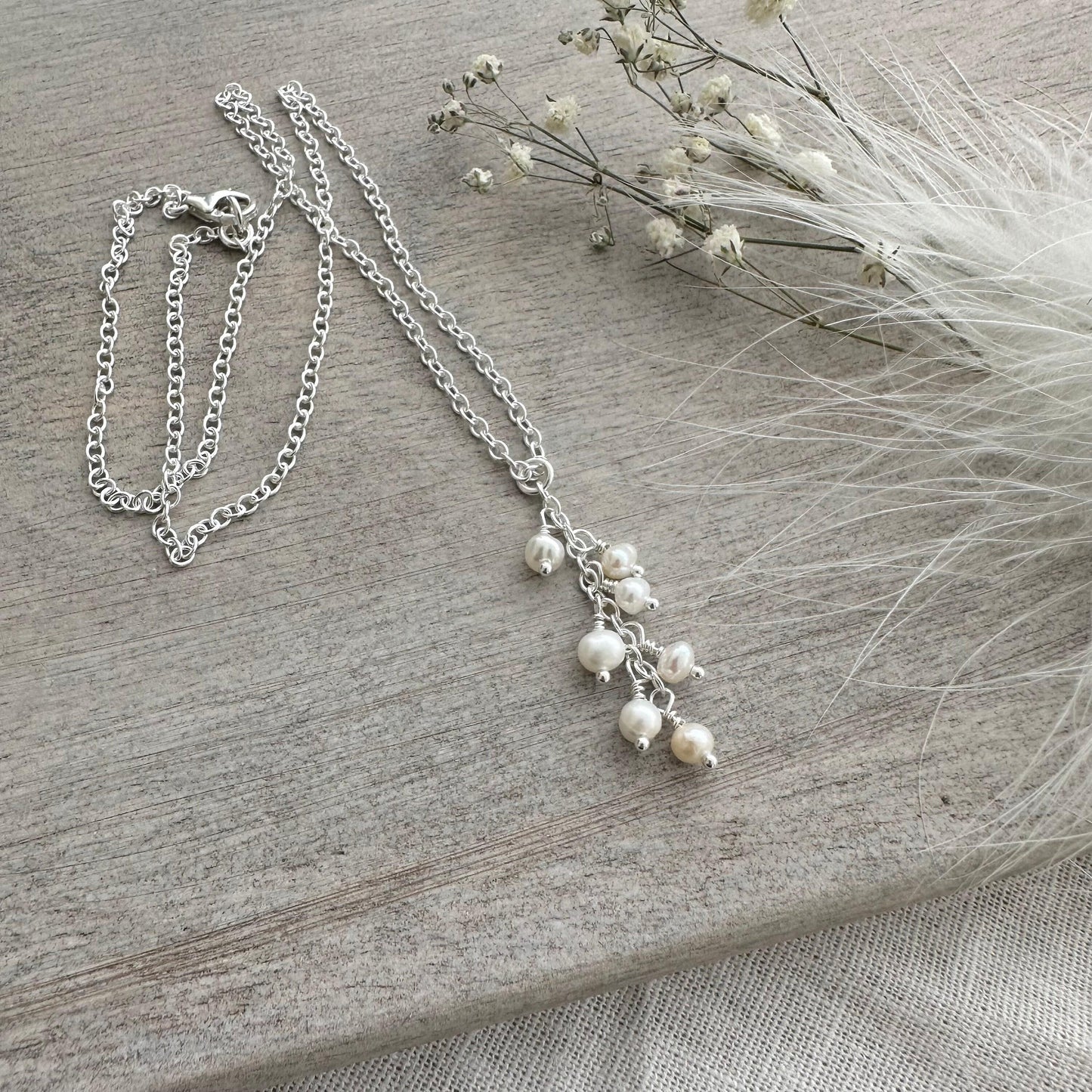 Dainty Pearl Cascade Necklace Sterling Silver, June Birthstone made to order