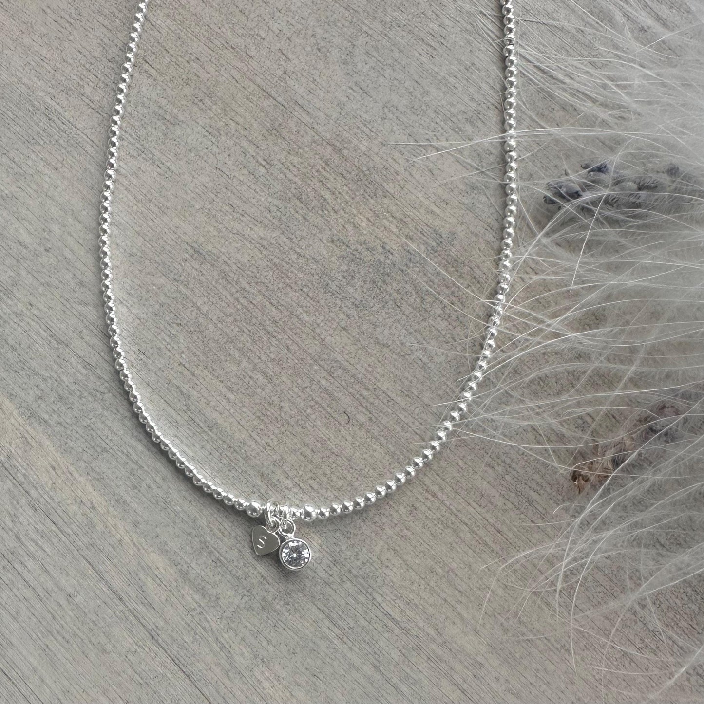 April Birthstone beaded necklace, personalised dainty Sterling Silver CZ Beaded Jewellery