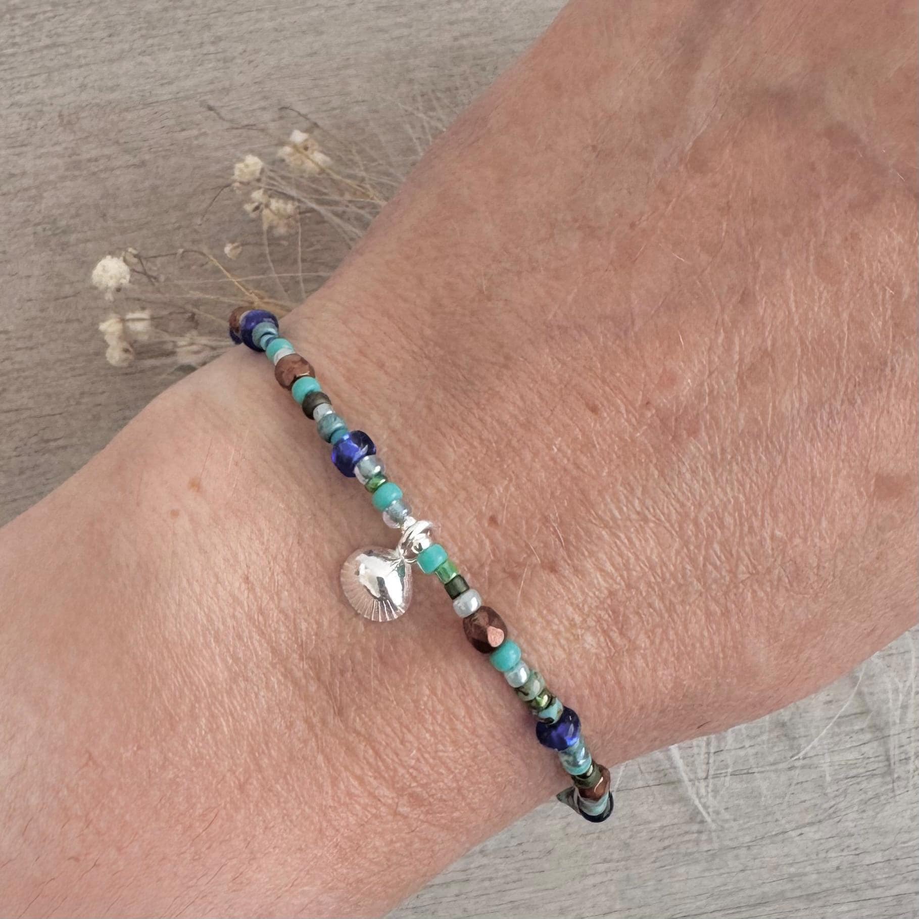 Shell Charm Blue Bracelet for summer holiday, Glass seed bead jewellery set