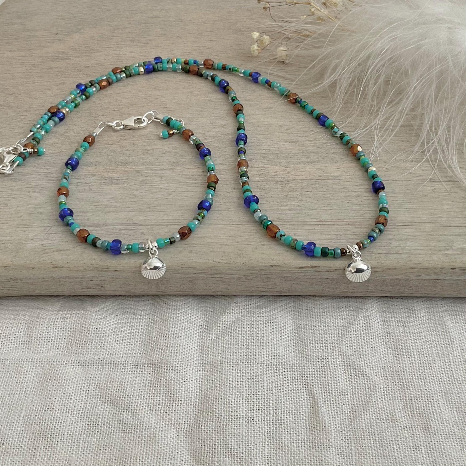 Shell Charm Blue Bracelet for summer holiday, Glass seed bead jewellery set