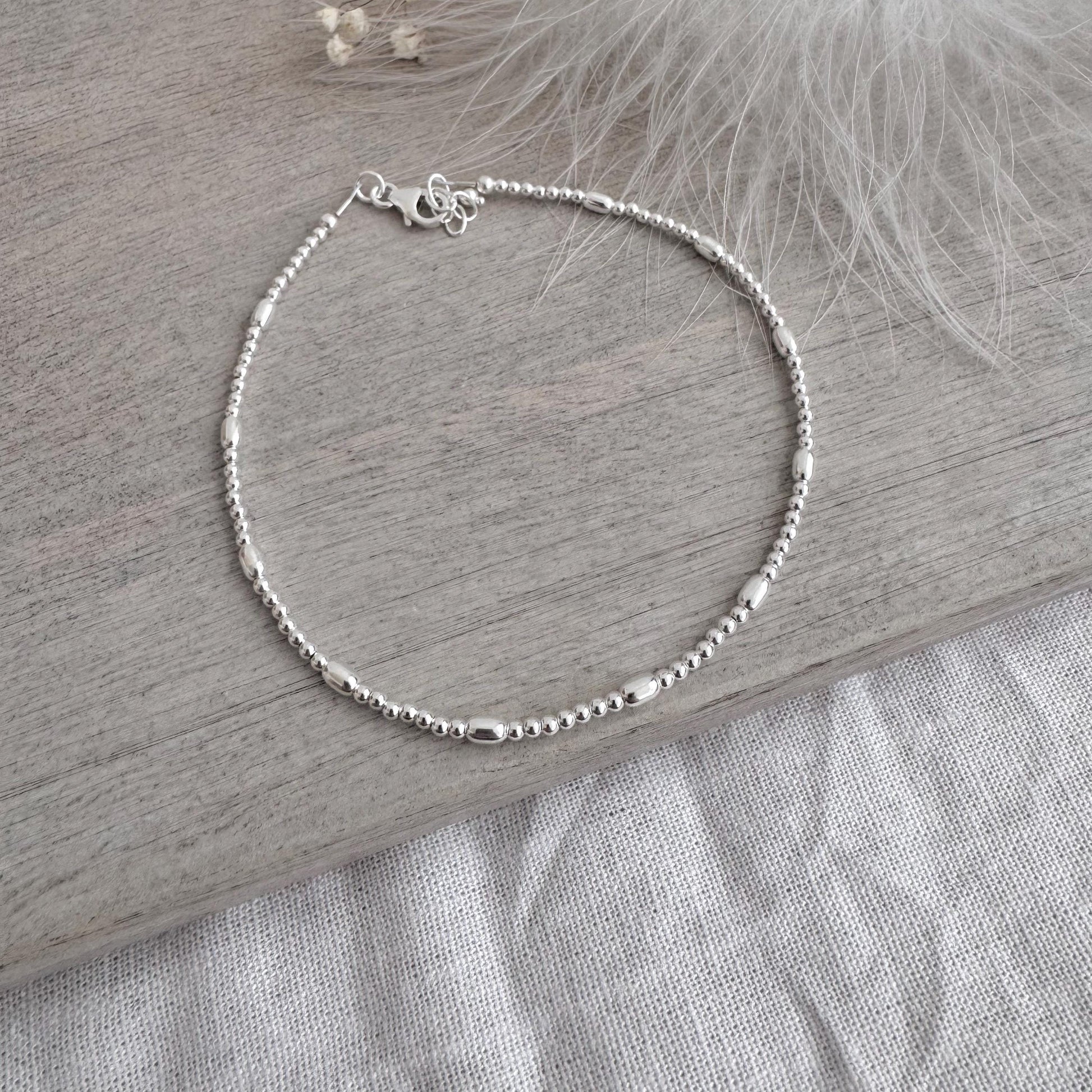 Dainty Sterling Silver Oval Beaded Anklet, Ankle Bracelet