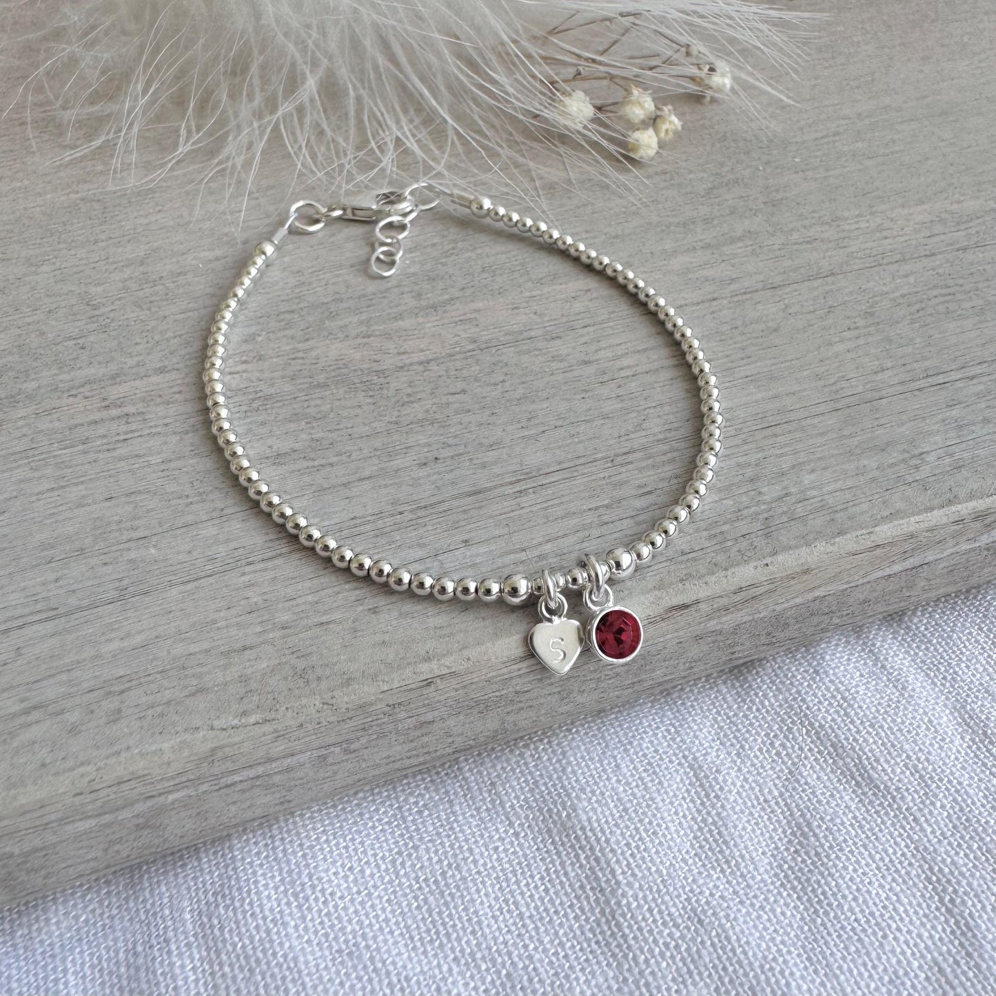 Dainty July Birthstone CZ Initial Bracelet, Personalised Jewellery