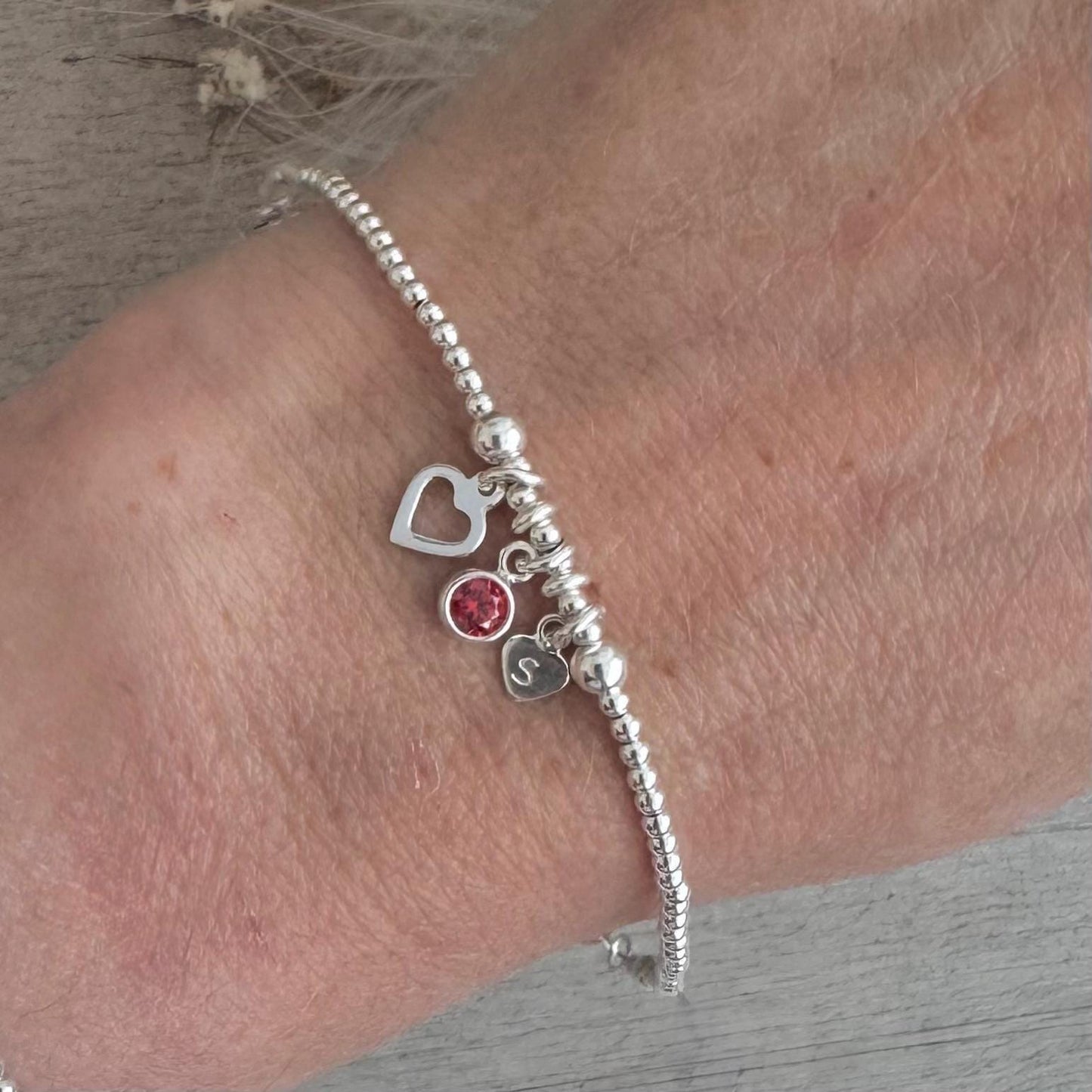Personalised July Birthstone Bracelet for Birthday, Initial & Gem Crystal Charm in Sterling Silver