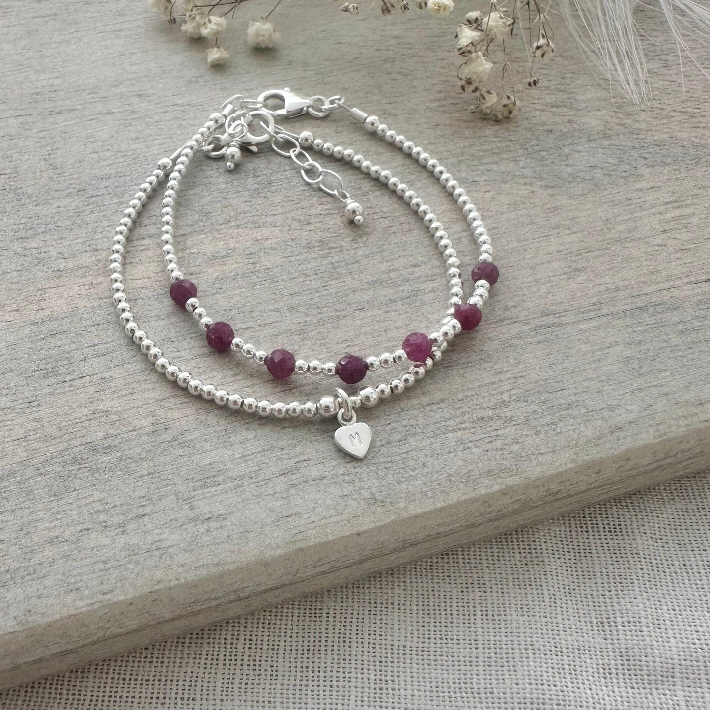 Personalised Ruby Bracelet Set, July Birthstone Jewellery