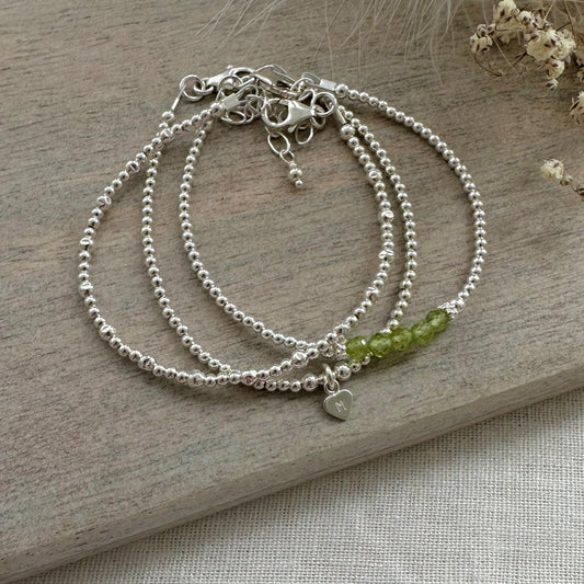 Dainty Personalised August Birthstone Peridot Bracelet Set, Dainty Sterling Silver Stacking Bracelets for Women