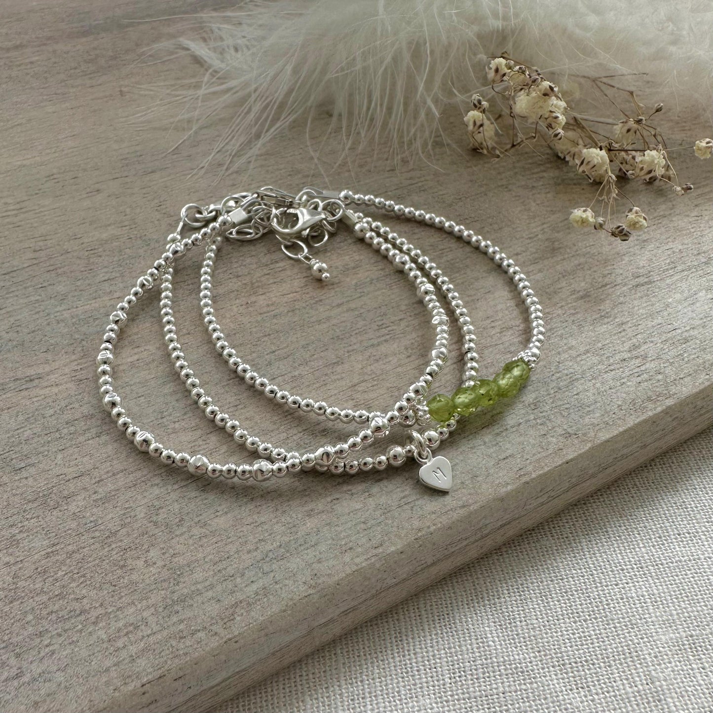 Dainty Personalised August Birthstone Peridot Bracelet Set, Dainty Sterling Silver Stacking Bracelets for Women