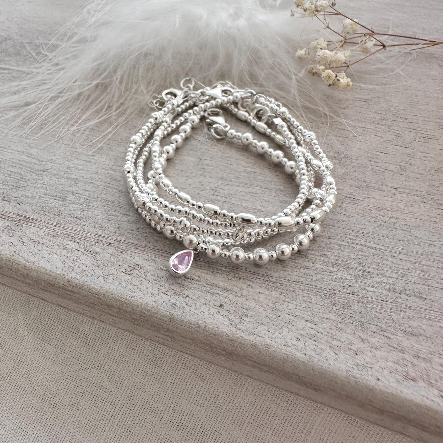 Sterling Silver Bracelet Stack, 5 Sterling Silver Stacking Bracelets Set with Cubic zirconia