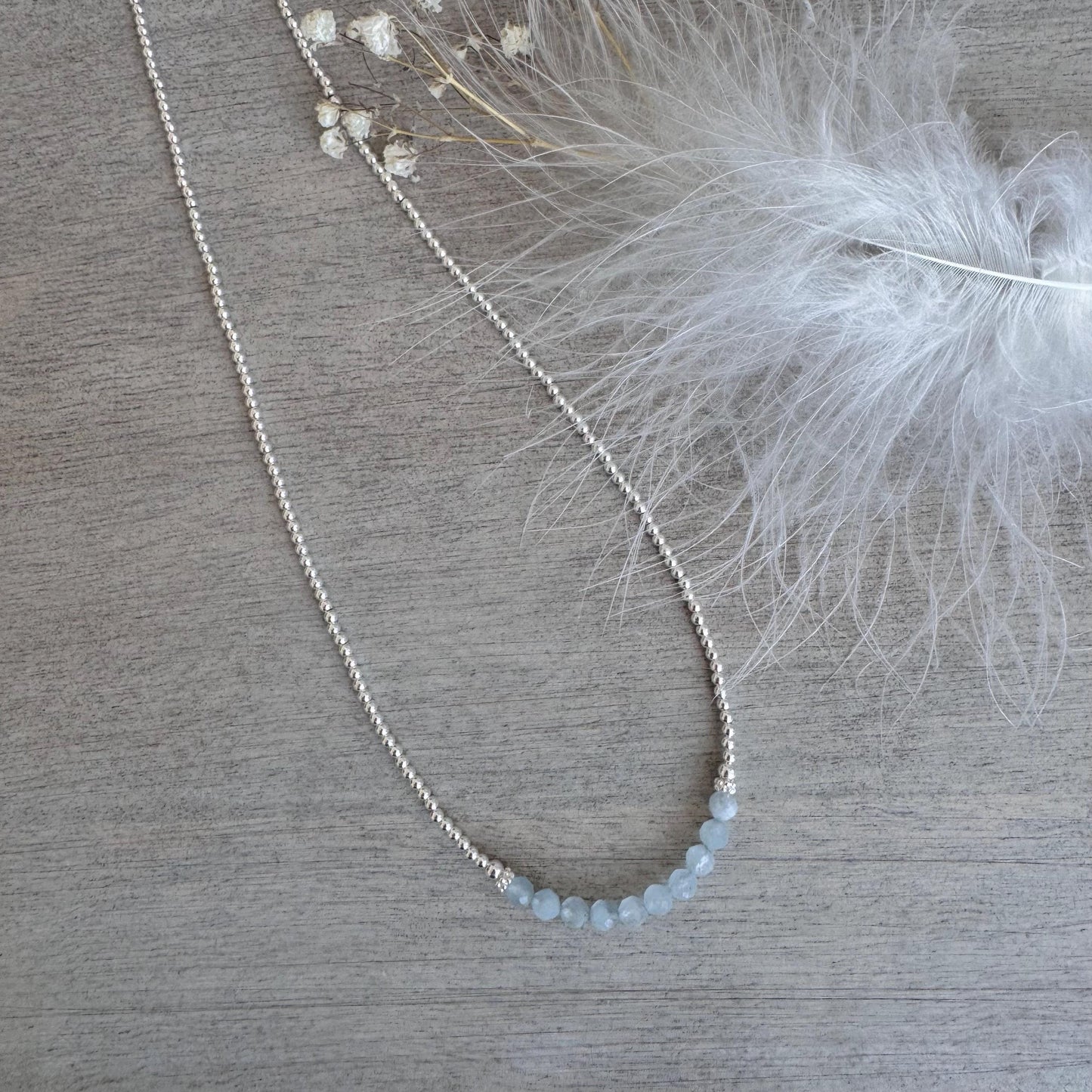 Thin Aquamarine and Sterling Silver Bead Necklace, March Birthstone