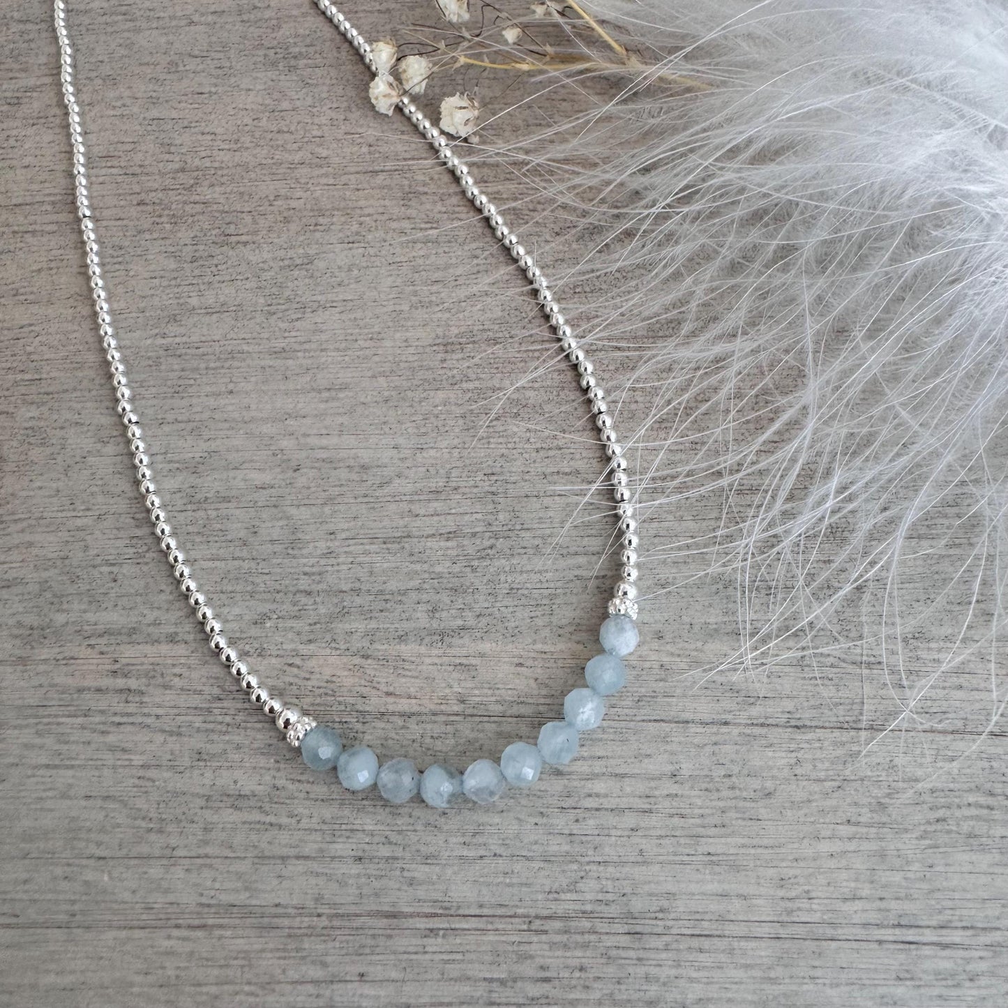 Thin Aquamarine and Sterling Silver Bead Necklace, March Birthstone