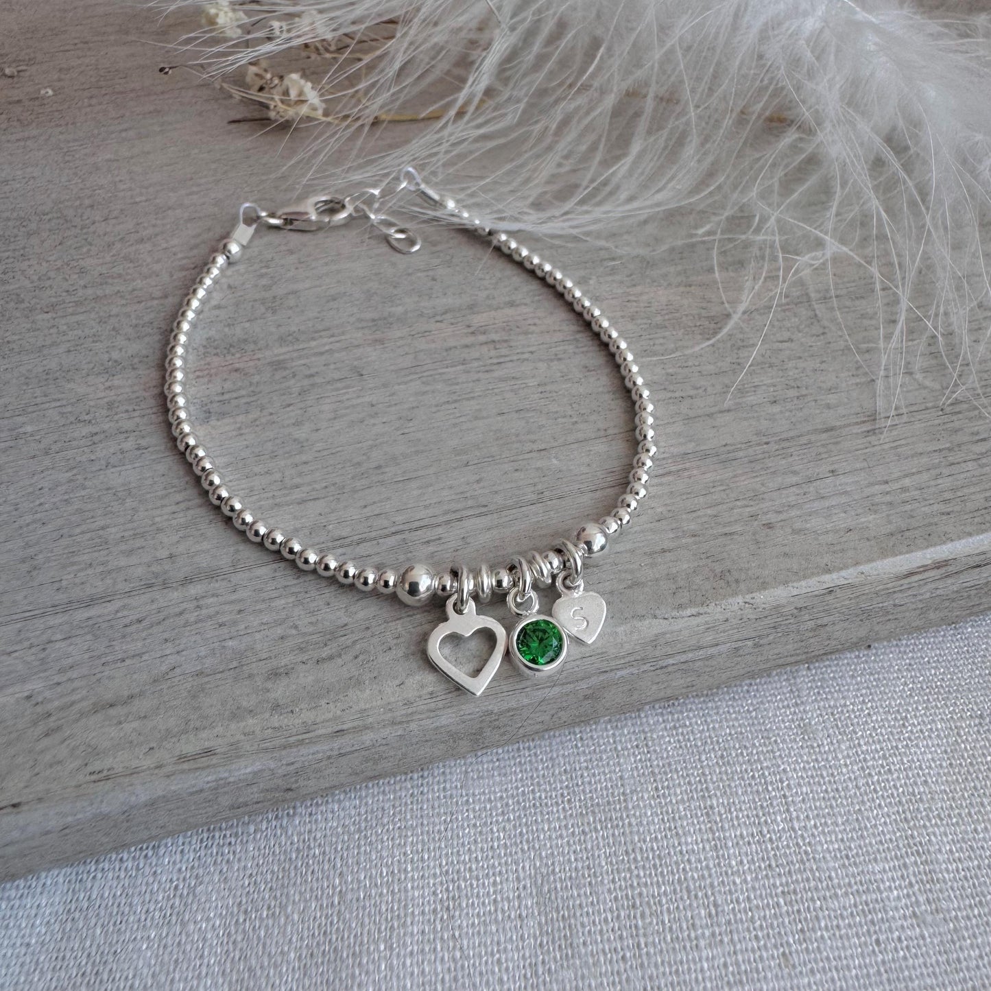 Personalised May Birthstone Bracelet for Birthday, Initial & Gem Crystal Charm in Sterling Silver