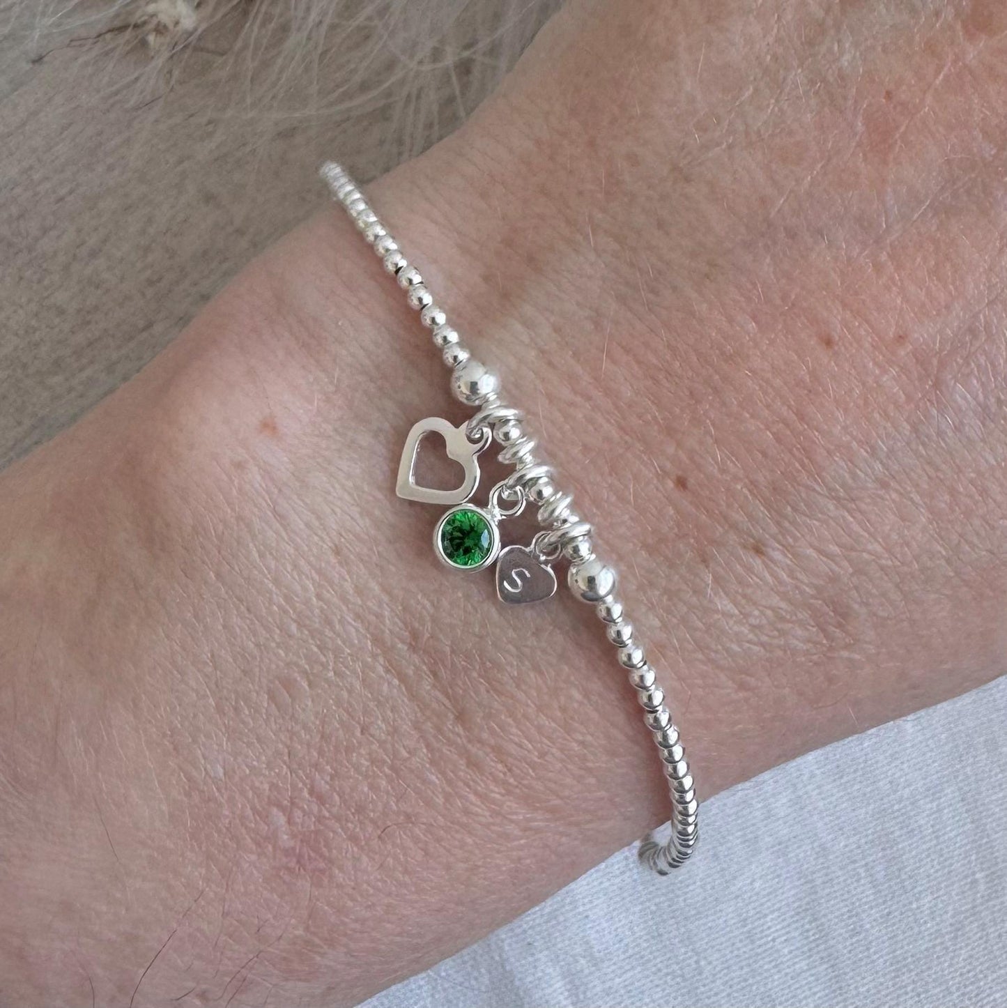 Personalised May Birthstone Bracelet for Birthday, Initial & Gem Crystal Charm in Sterling Silver