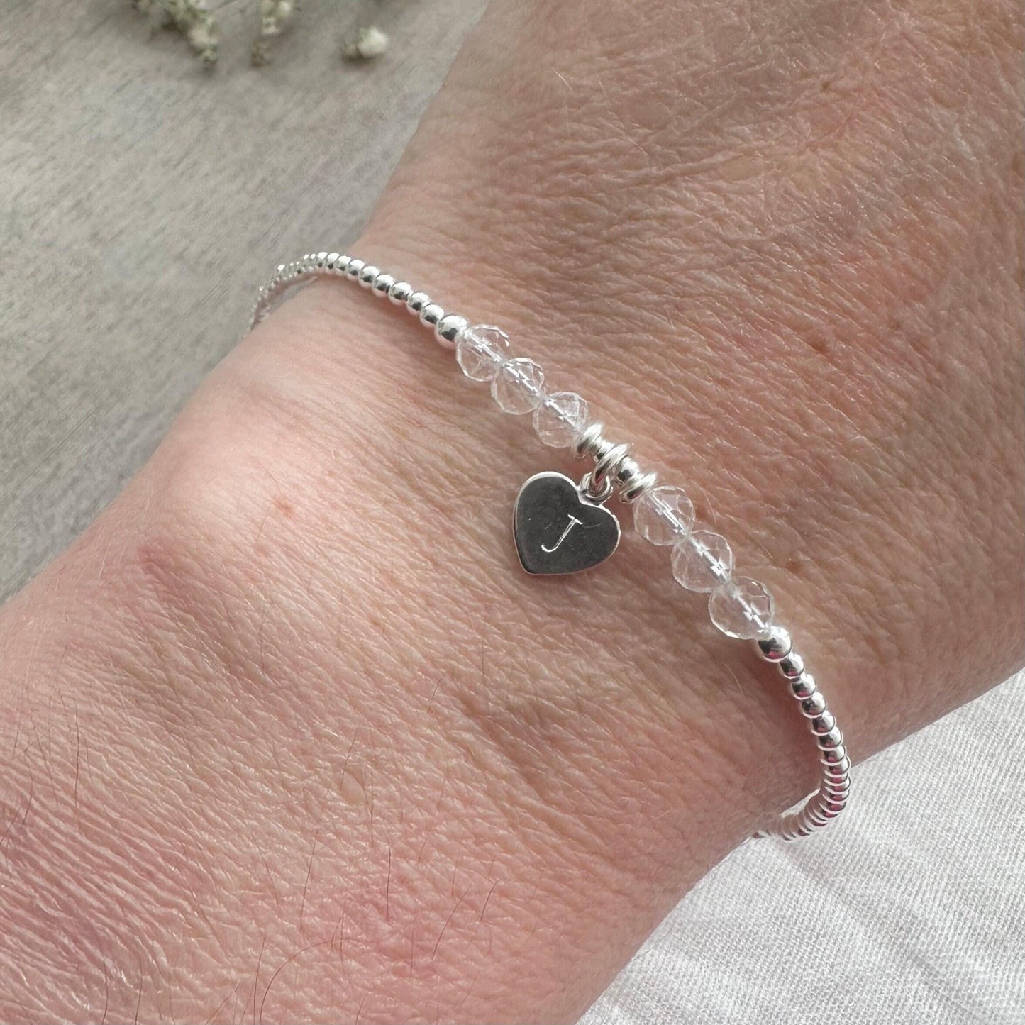 Personalised April Birthstone Bracelet, Dainty Rock Quartz Bracelet in Sterling Silver