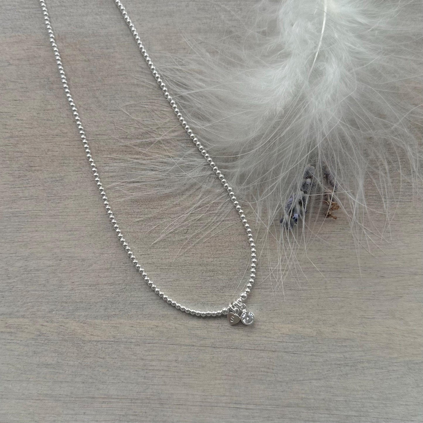 April Birthstone beaded necklace, personalised dainty Sterling Silver CZ Beaded Jewellery