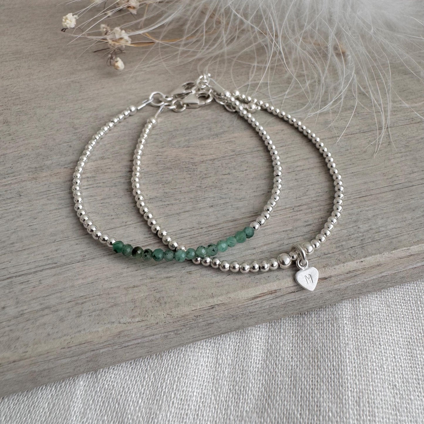Personalised Green Emerald Bracelet Set, May Birthstone Jewellery