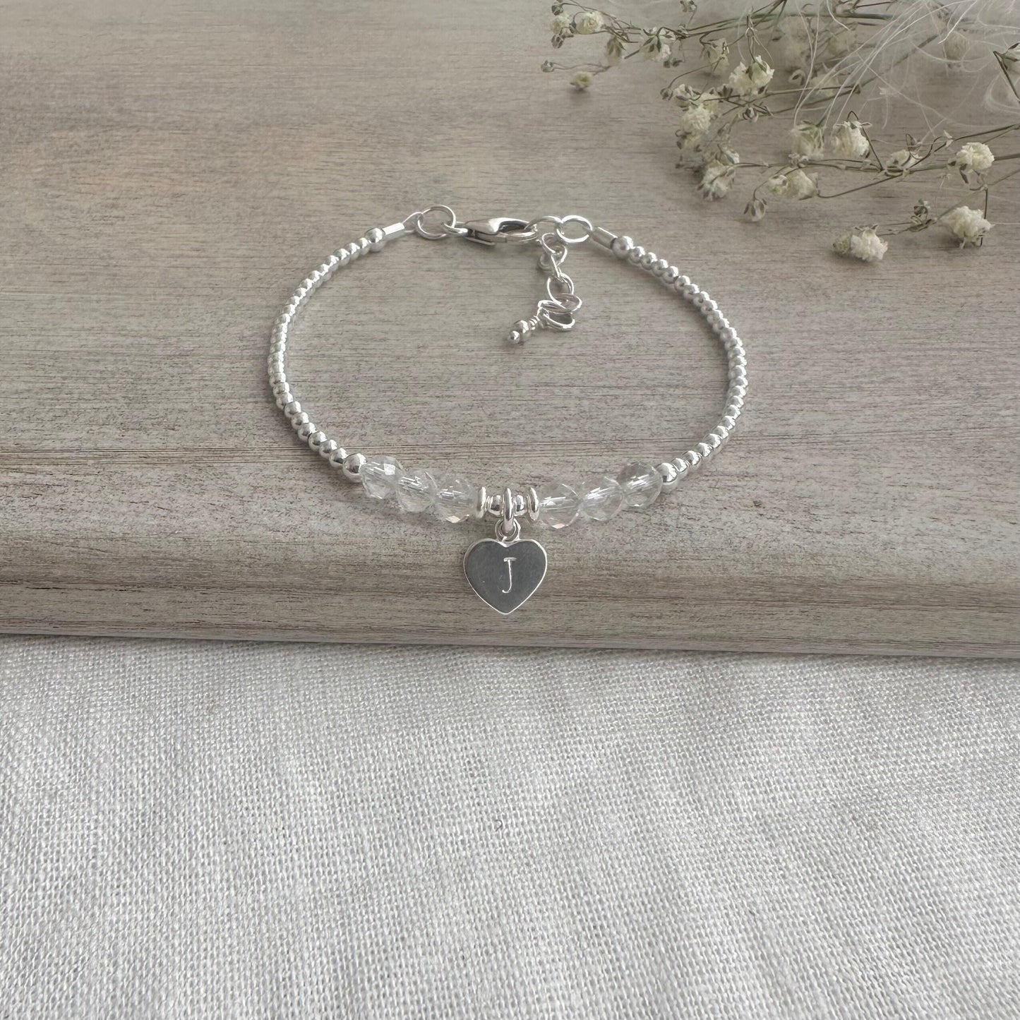 Personalised April Birthstone Bracelet, Dainty Rock Quartz Bracelet in Sterling Silver