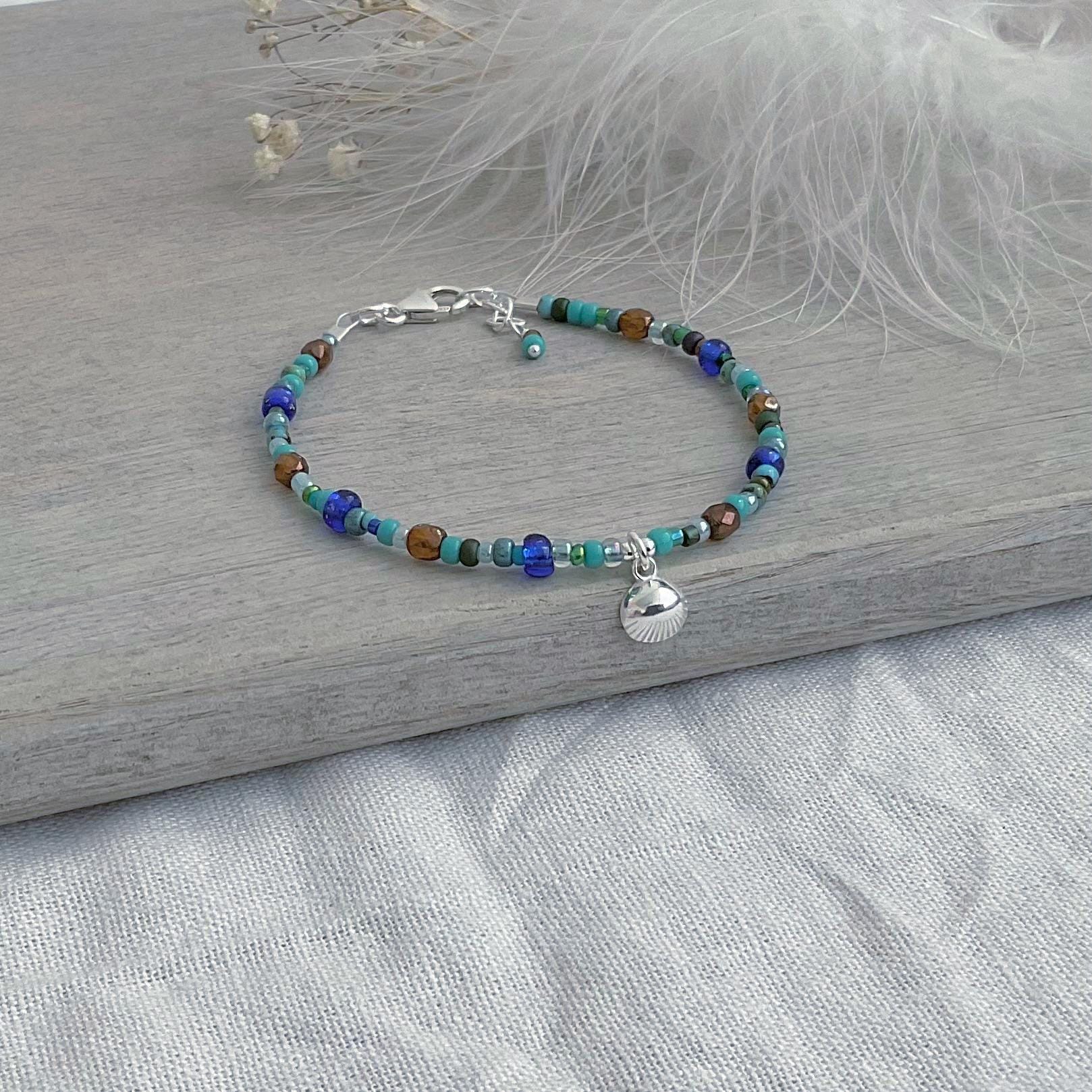 Shell Charm Blue Bracelet for summer holiday, Glass seed bead jewellery set