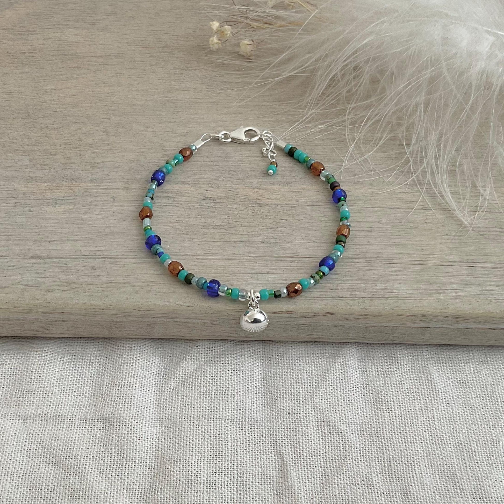 Shell Charm Blue Bracelet for summer holiday, Glass seed bead jewellery set