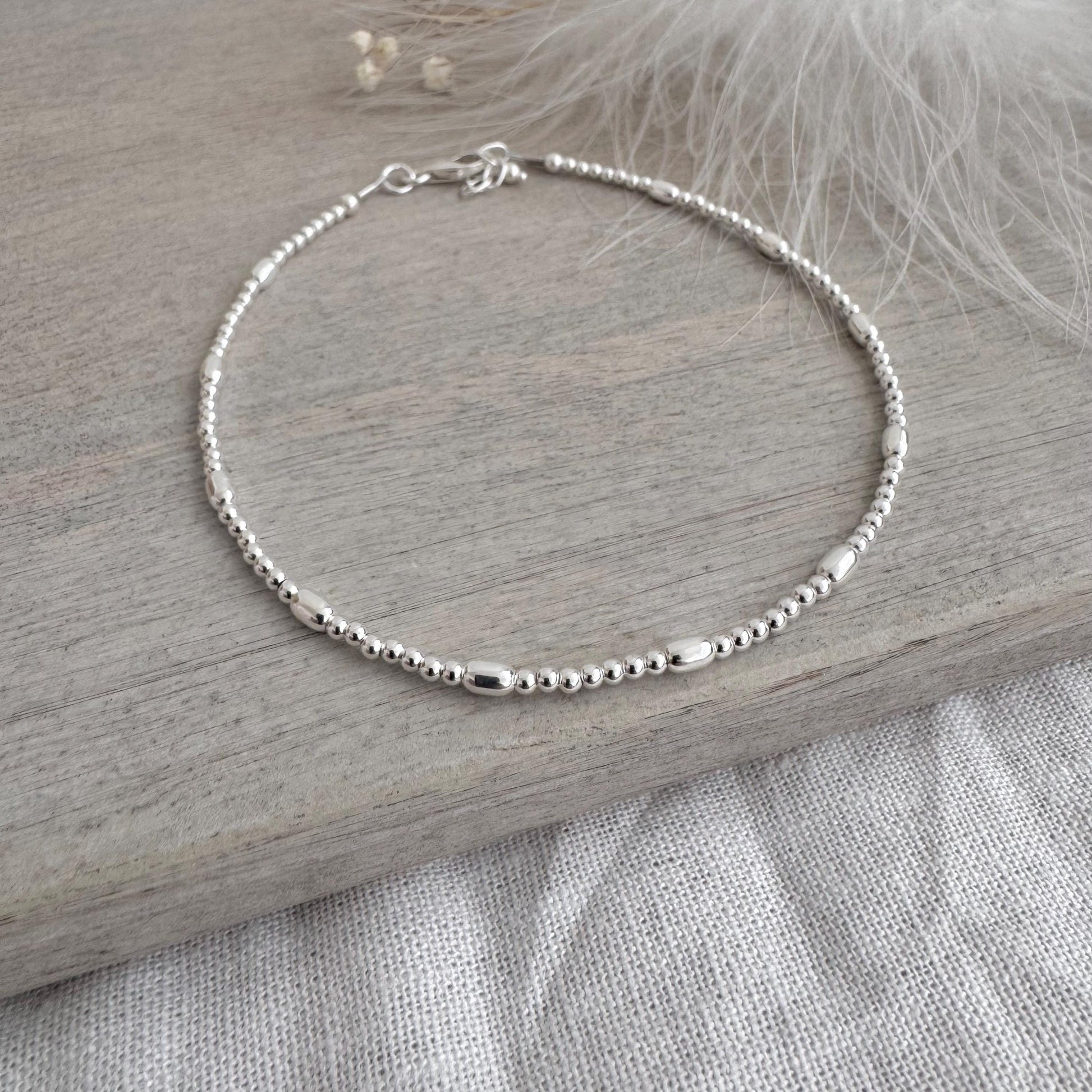 Dainty Sterling Silver Oval Beaded Anklet, Ankle Bracelet
