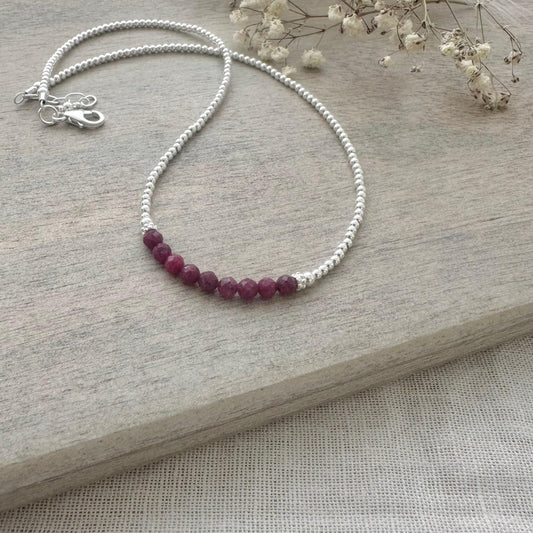 July Birthstone Ruby Necklace - Sterling Silver Beads