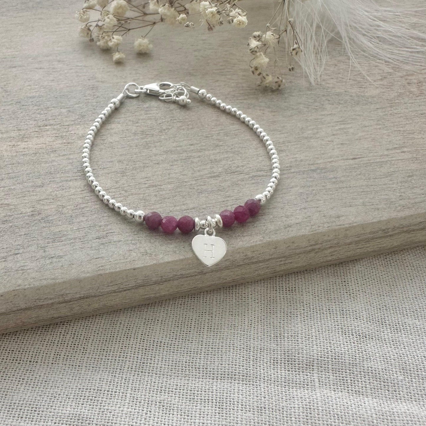 Personalised July Birthstone Bracelet, Dainty Ruby Bracelet in Sterling Silver