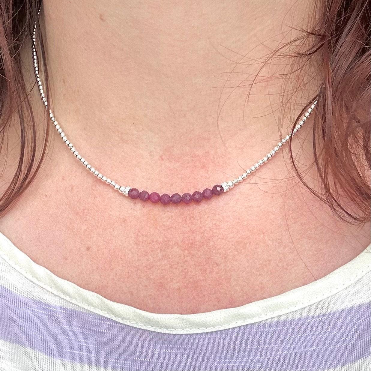 July Birthstone Ruby Necklace - Sterling Silver Beads