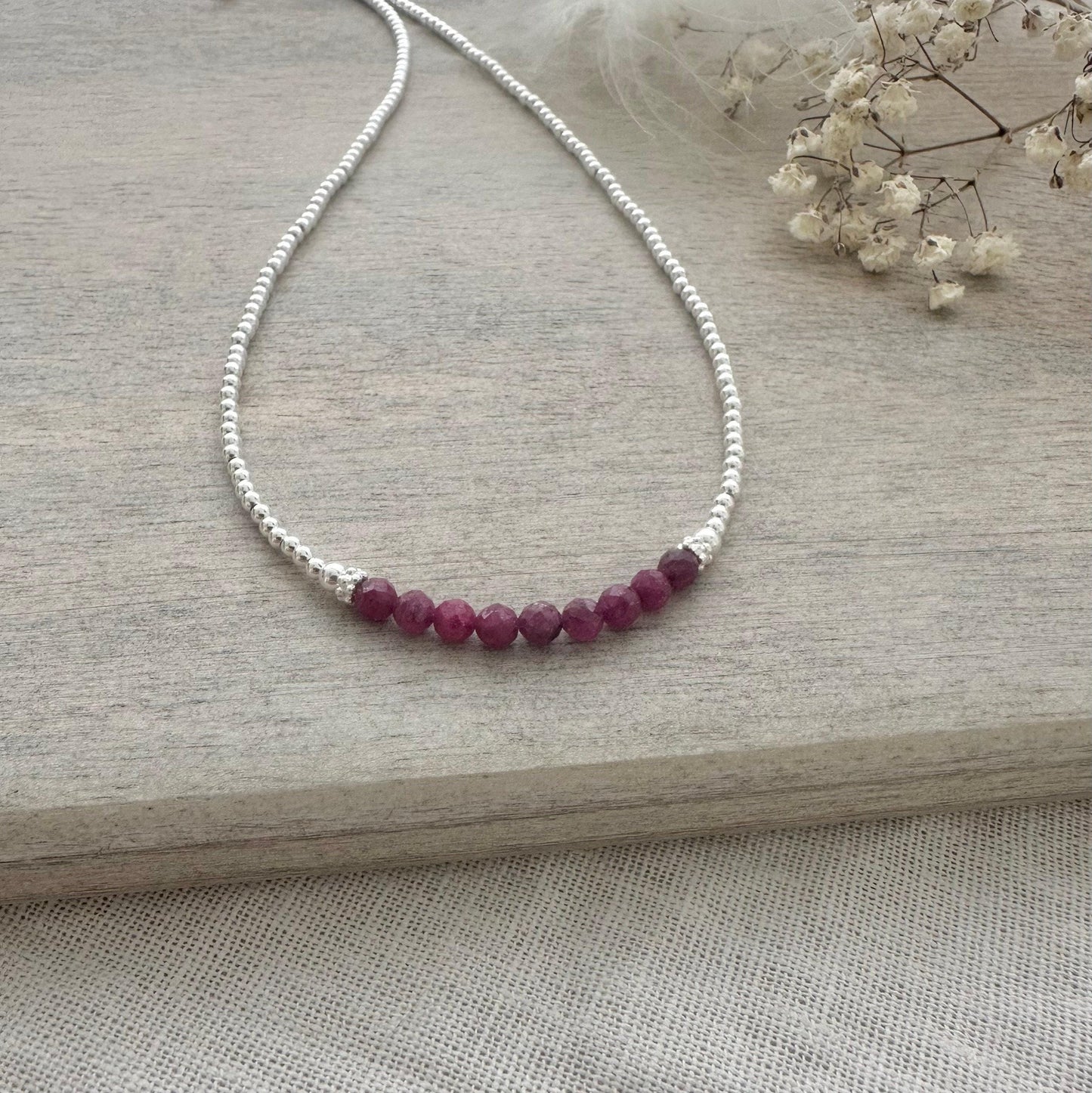 July Birthstone Ruby Necklace - Sterling Silver Beads