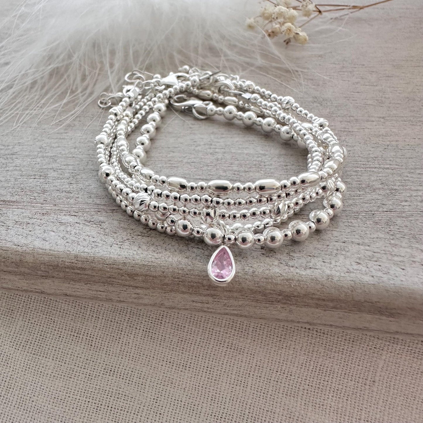 Sterling Silver Bracelet Stack, 5 Sterling Silver Stacking Bracelets Set with Cubic zirconia