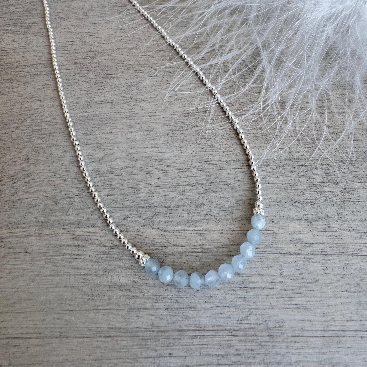 Thin Aquamarine and Sterling Silver Bead Necklace, March Birthstone